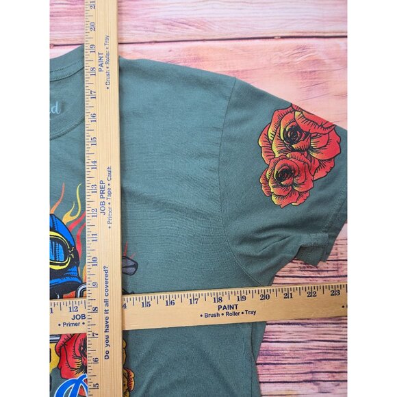 Weekend Warrior Ride Or Die Graphic Cropped T-Shirt Large Skull Roses & Flames - Picture 7 of 7